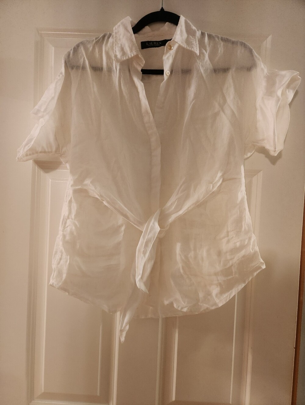 Ralph Lauren White Tie-Front Sheer Button-Up Blouse, Linen, Size Small